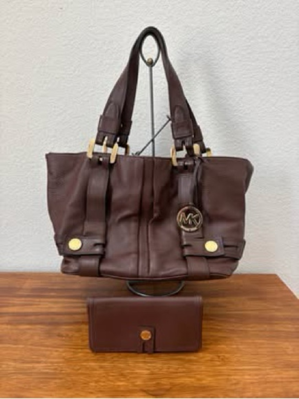 Michael Kors Dark Brown Leather Shoulder Bag with Gold Hardware